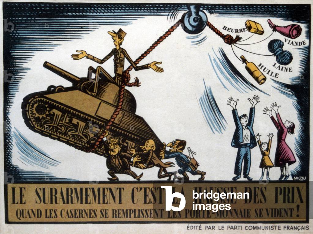 Anti-government cartoon by the french Communist Party attacking the cost of armaments and the Atlantic Pact., 1950 (poster)