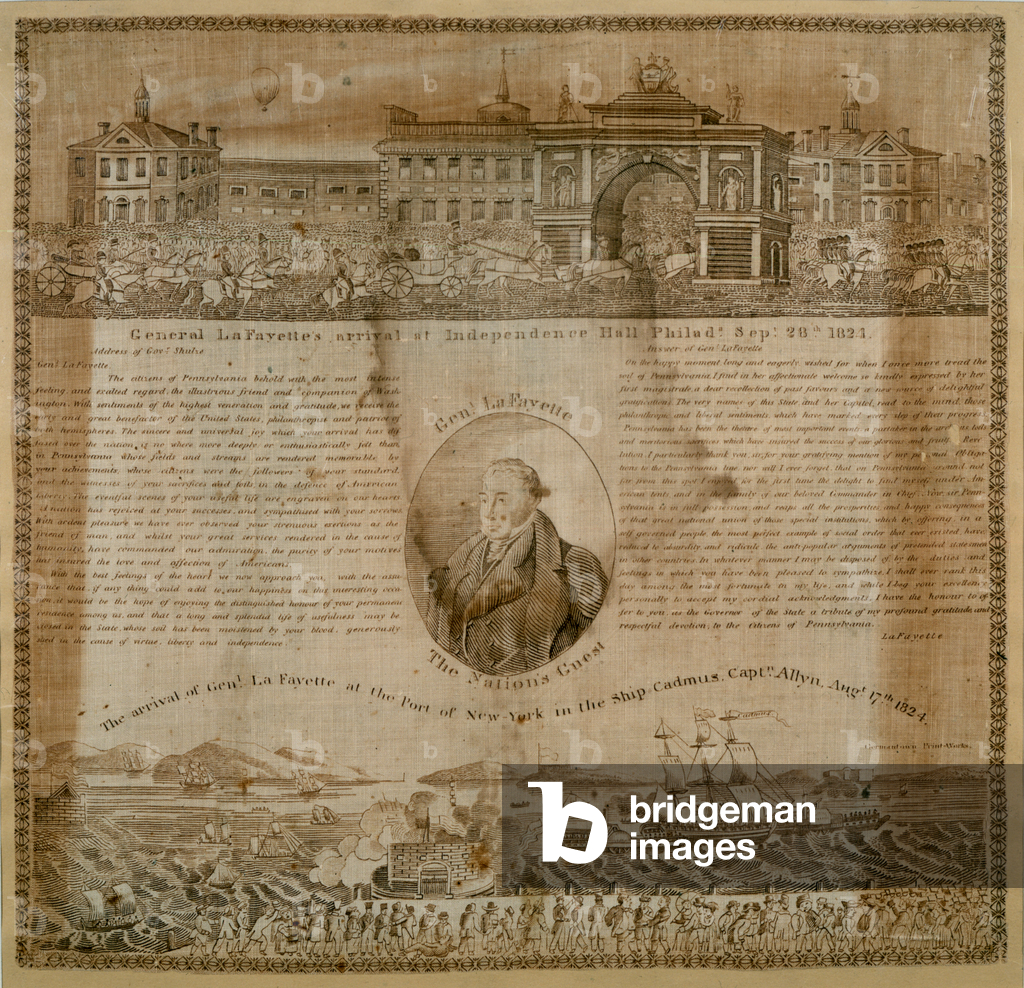 Handkerchief commemorating the arrival of General Lafayette (1757-1834) in 1824 (cotton)
