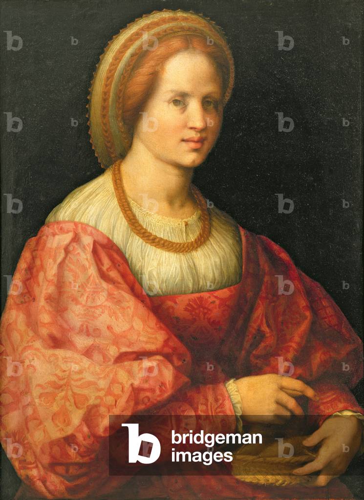 ritratto di una donna con un cestino di mandrini, c. 1514-17 (olio su pannello)