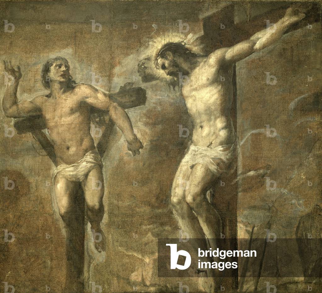 Immagine di Dipinto "Cristo sulla croce e il buon ladro", 16th Secolo di Titian, b/w