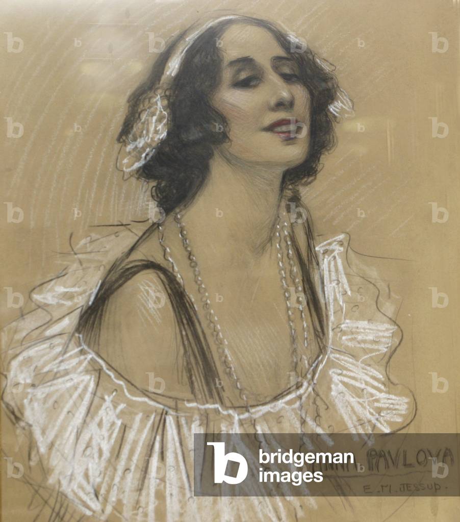 Pastel drawing of Russian ballet dancer Anna Pavlova at the London Jewish Cultural Centre, London, UK.