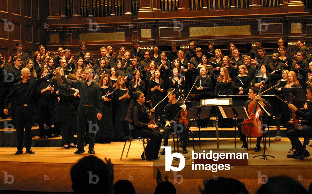 New England Conservatory orchestra performing in October 2003. Conductor Colin Durrant & composer Steve Dobrogosz with NEC Concert Choir & Chamber Singers.
