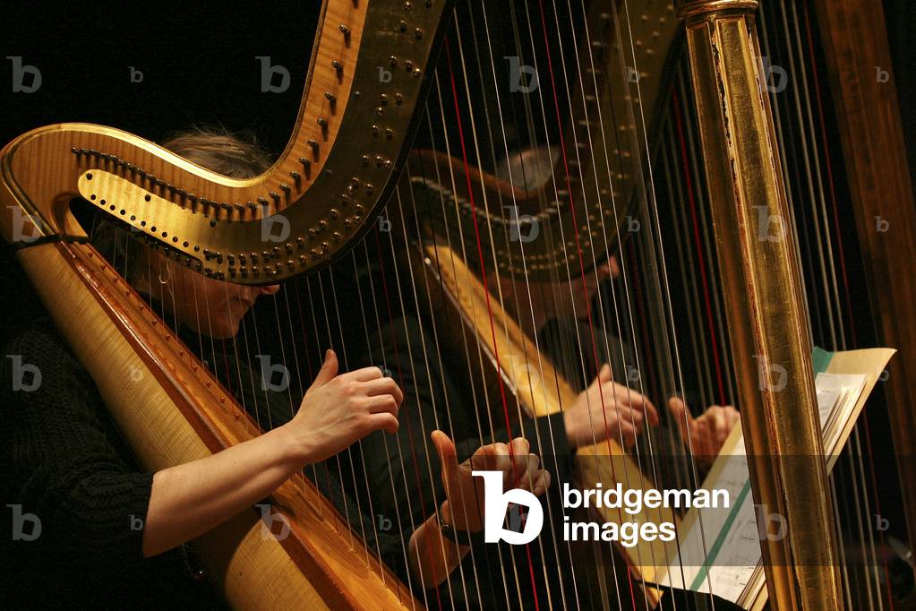 Harp - female hands plucking the strings of a harp.