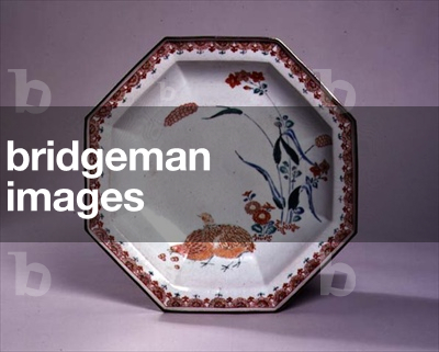 Achteckige Untertasse, Kakiemonware, um 1700 (Steingut mit Emaille-Überglasur)
