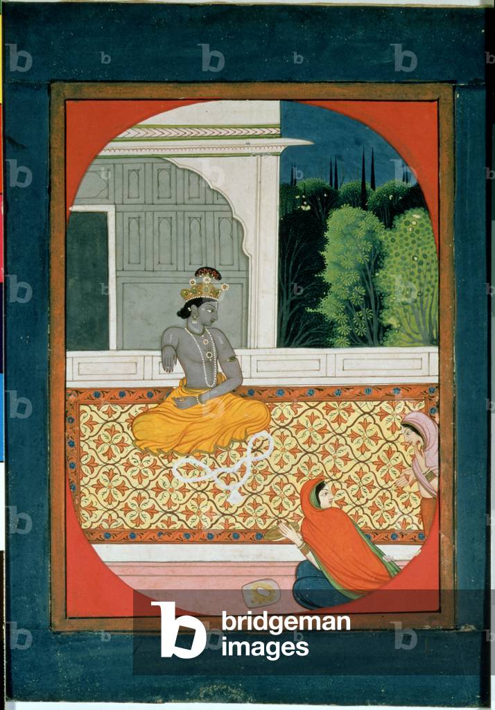 Immagine di Dipinto "Krishna scaccia la ghirlanda; illustrazione al Sat Sai di Bihari Lal", 19th Secolo di Ind