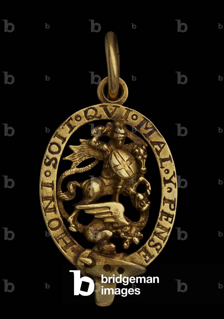 Medaille an Elias Ashmole - Symbol des Strumpfordens: St. George, zu Pferd, Drachen töten; um, Schleife Gürtel
