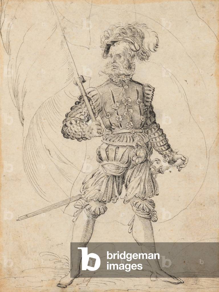 Bearded man with plumed hat, a flag and a sword, 1501-1600 (pen and black ink on paper)
