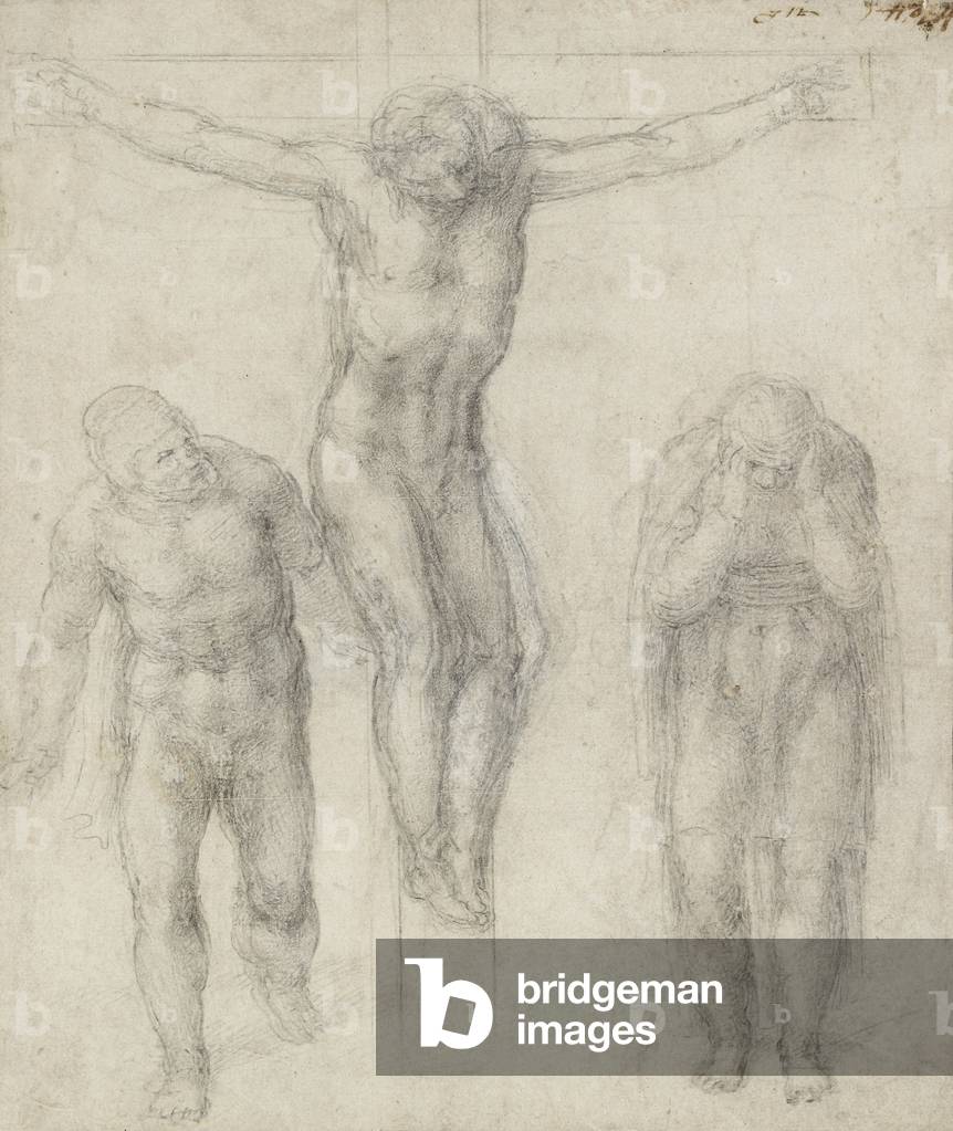 Immagine di Disegno "studio di un crocifisso cristo e due figure", 16th Secolo di Michelangelo Buonarroti, b/w