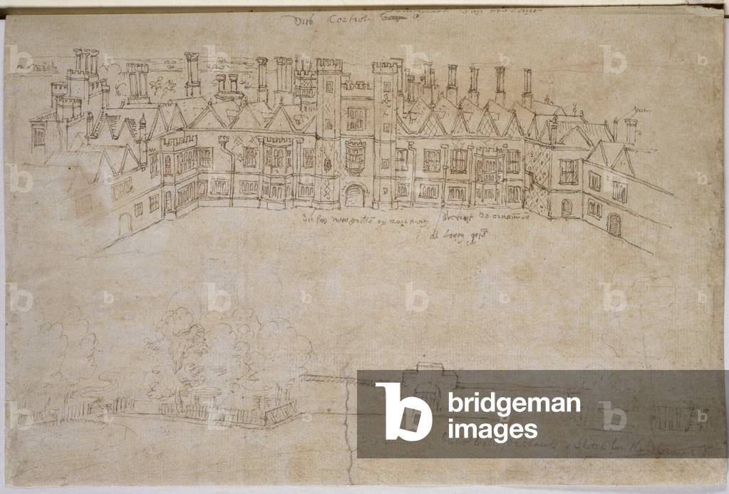 Inner Courtyard and Outer Wall of Oatlands, Richmond Palace, 16th century (pen and ink on paper)