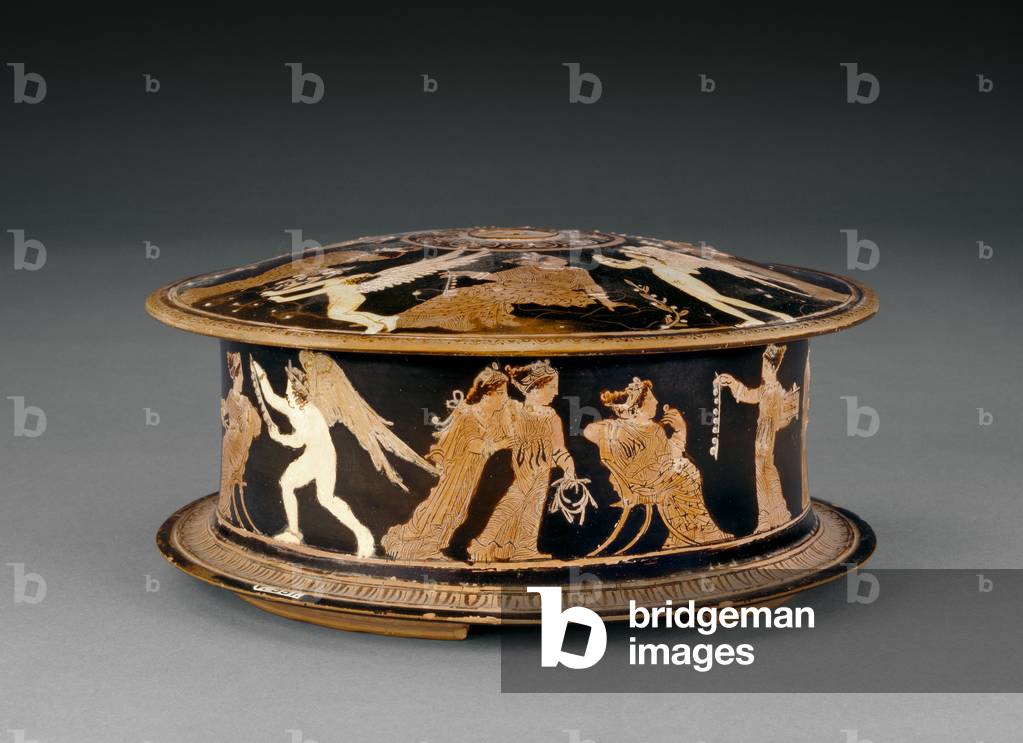 Dachgeschoss roter Figurenpyxis mit Frauen und Ereten oder Apiden, in der Nähe des Malers Meidias, Ende des 5.