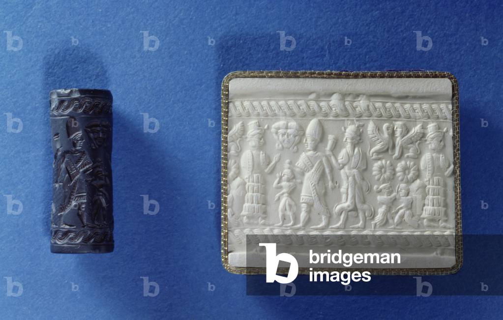 Zylinderdichtung und Abdruck, möglicherweise babylonisch um 18. Jh. v. Chr. (geschnitzter Stein und Gips)