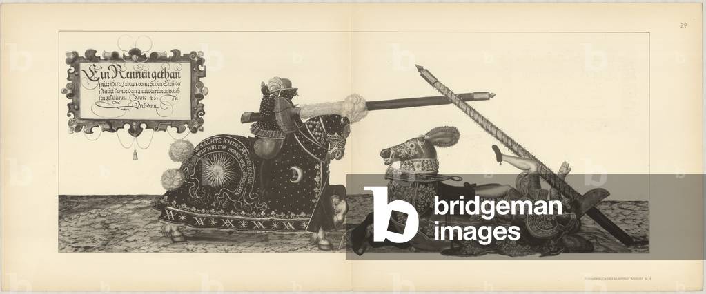Illustration of knights jousting at tournament, from Der Sachsischen Kurfursten Turnierbucher by Erich Haenel, 1910 (engraving) 