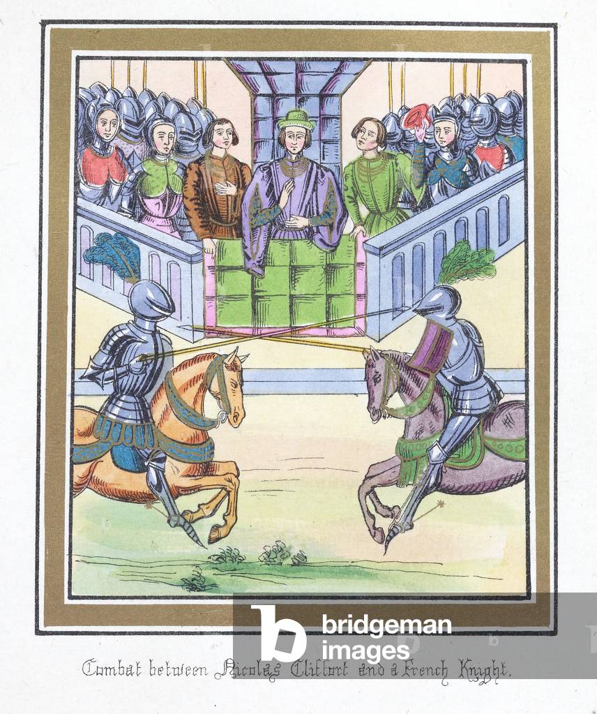 Illustration entitled, 'Combat between Nicolas Cliffort and a French Knight', 1869 (coloured engraving)