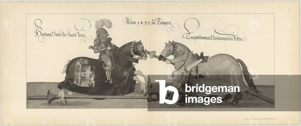 Illustration of knights jousting at tournament, Page 5 from Der Sachsischen Kurfursten Turnierbucher by Erich Haenel, 1910 (engraving)