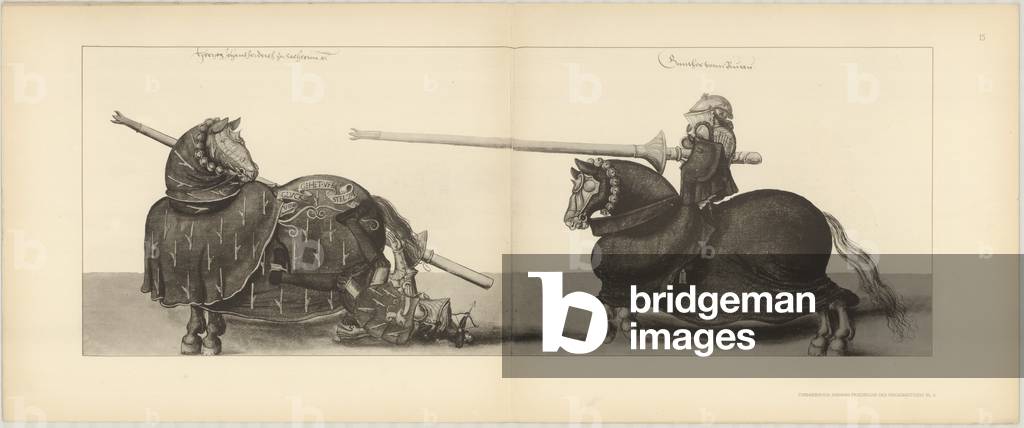 Illustration of knights jousting at tournament, Page 15 from Der Sachsischen Kurfursten Turnierbucher by Erich Haenel, 1910 (engraving)