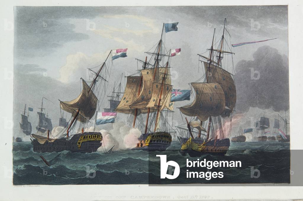 Action off Camperdown, October 11th 1797, engraved by Thomas Sutherland for J. Jenkins's 'Naval Achievements', 1816 (colour engraving)