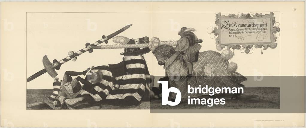 Illustration of knights jousting at tournament, from Der Sachsischen Kurfursten Turnierbucher by Erich Haenel, 1910 (engraving) 