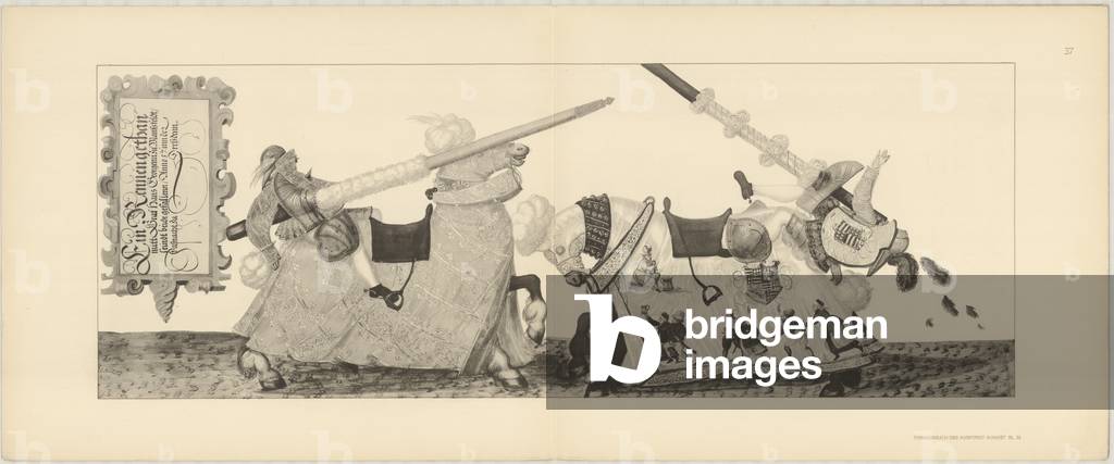 Illustration of knights jousting at tournament, from Der Sachsischen Kurfursten Turnierbucher by Erich Haenel, 1910 (engraving) 