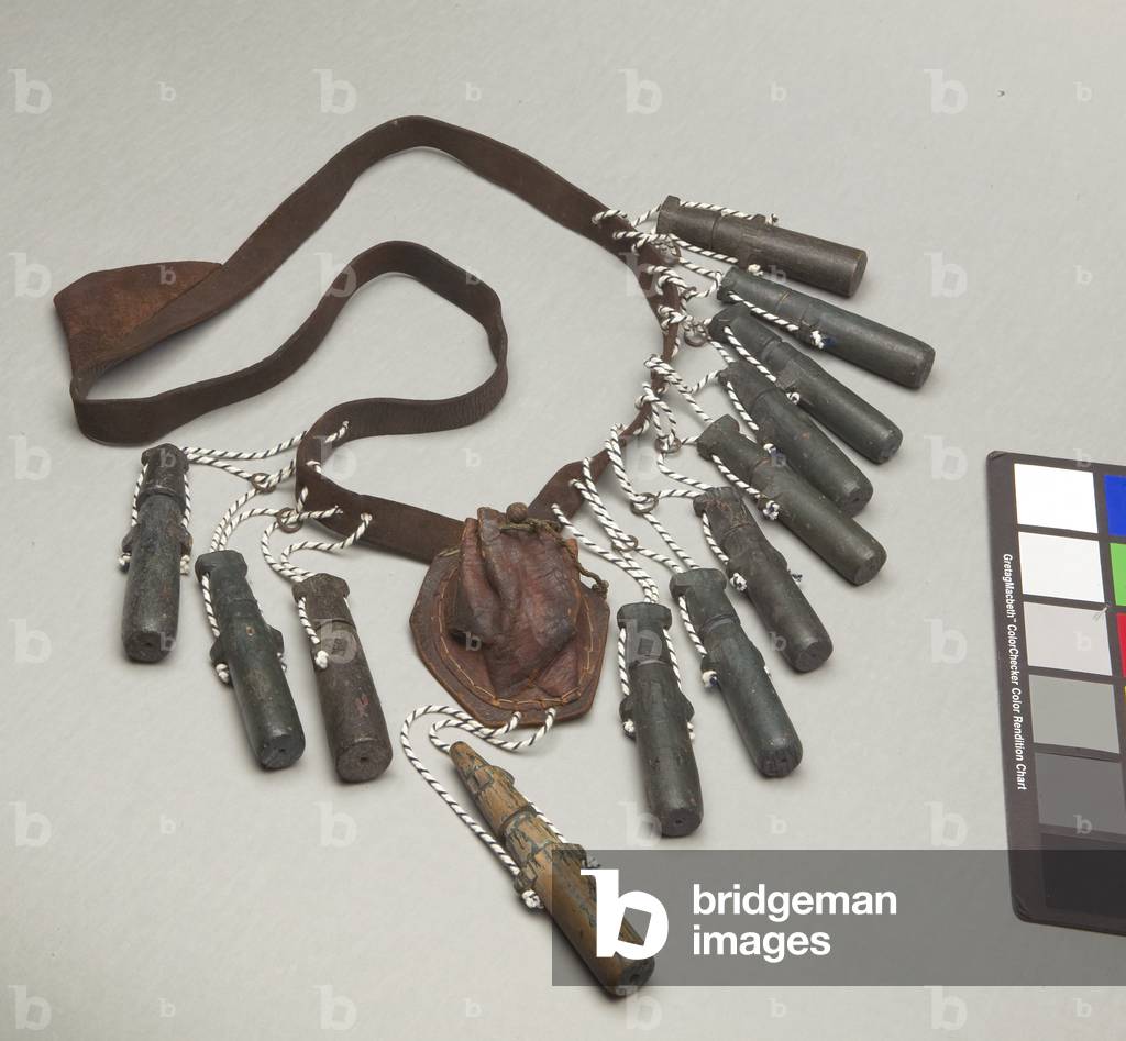 Collar of bandoleers, c.1650 (wood, leather, & string)
