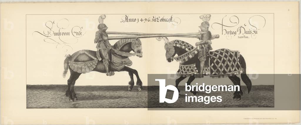 Illustration of knights jousting at tournament, Page 11 from Der Sachsischen Kurfursten Turnierbucher by Erich Haenel, 1910 (engraving)