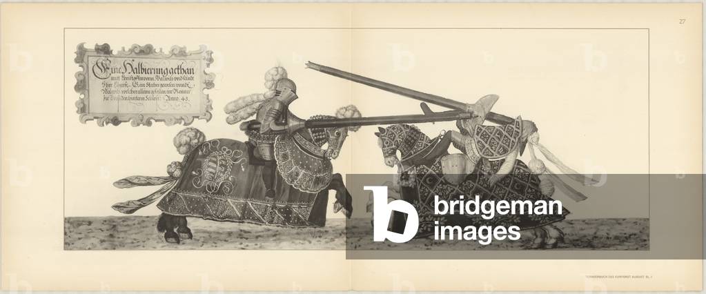 Illustration of knights jousting at tournament, from Der Sachsischen Kurfursten Turnierbucher by Erich Haenel, 1910 (engraving) 