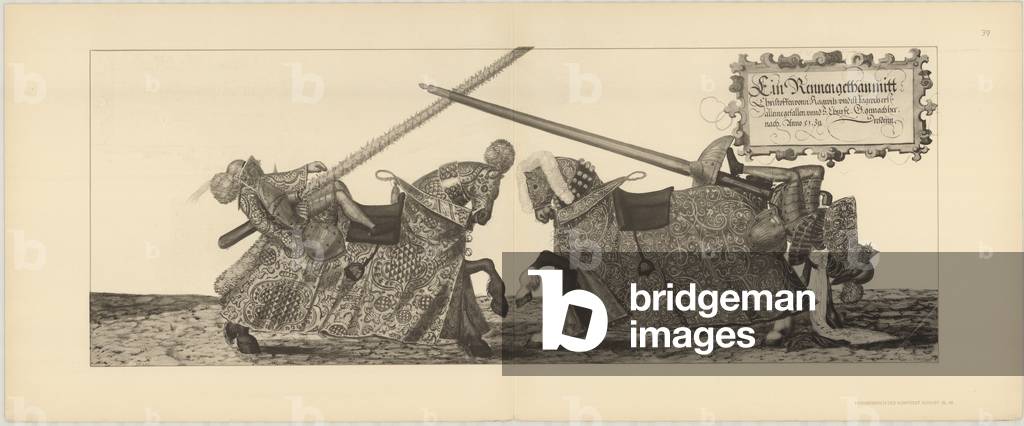 Illustration of knights jousting at tournament, from Der Sachsischen Kurfursten Turnierbucher by Erich Haenel, 1910 (engraving) 