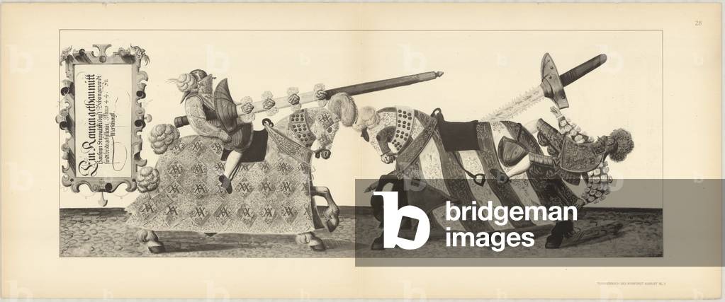 Illustration of knights jousting at tournament, from Der Sachsischen Kurfursten Turnierbucher by Erich Haenel, 1910 (engraving) 