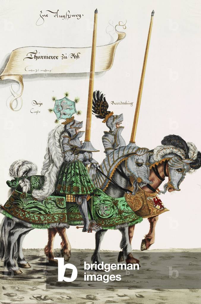 Due cavalieri in armatura giostra (Gestech) e armati di lance, illustrazione da un'edizione facsimile del «The
