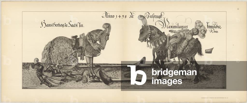 Illustration of knights jousting at tournament, Page 12 from Der Sachsischen Kurfursten Turnierbucher by Erich Haenel, 1910 (engraving)