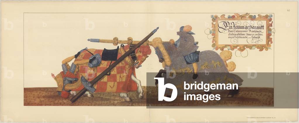 Illustration of knights jousting at tournament, Page 40 from Der Sachsischen Kurfursten Turnierbucher by Erich Haenel, 1910 (engraving)