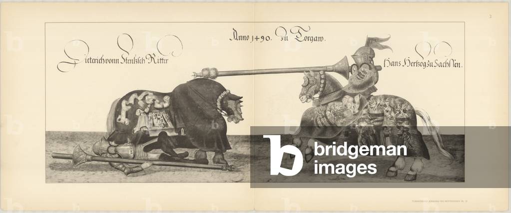 Illustration of knights jousting at tournament, Page 3 from Der Sachsischen Kurfursten Turnierbucher by Erich Haenel, 1910 (engraving)