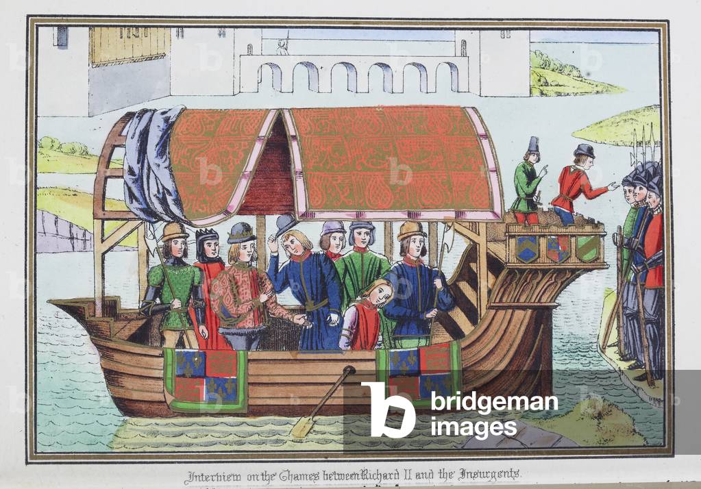 Illustration entitled, 'Interview on the Thames between Richard II and the Insurgents', 1869 (coloured engraving)