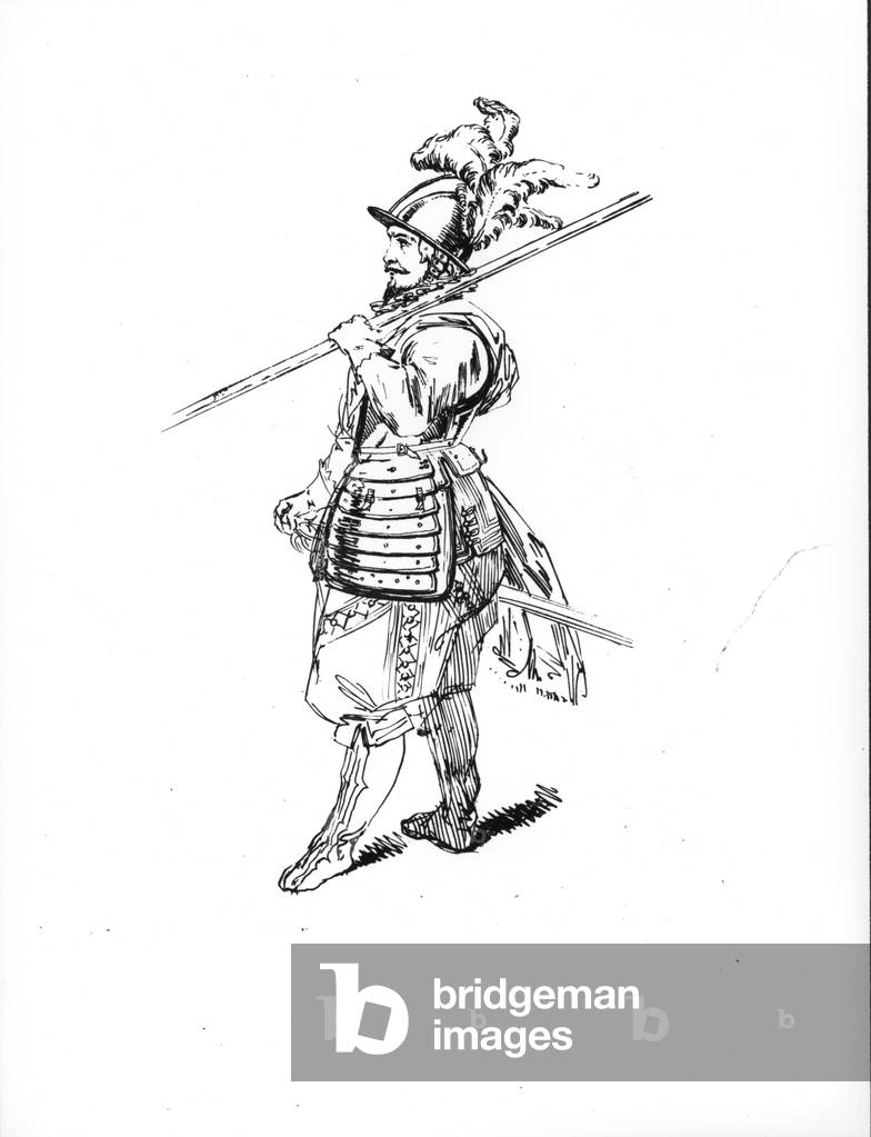 Drawing showing a 17th century pikeman, c.1840 (engraving)