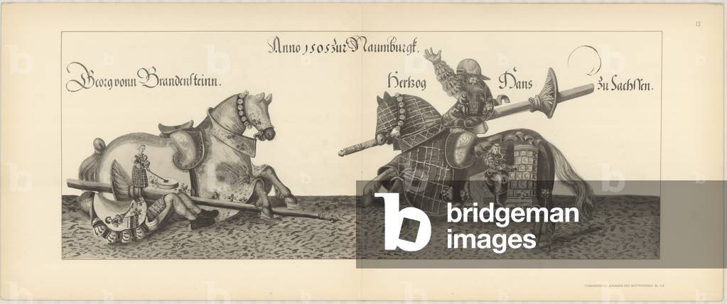 Illustration of knights jousting at tournament. Page 13 from Der Sachsischen Kurfursten Turnierbucher by Erich Haenel, 1910 (engraving)