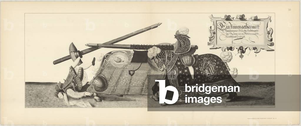 Illustration of knights jousting at tournament, from Der Sachsischen Kurfursten Turnierbucher by Erich Haenel, 1910 (engraving) 
