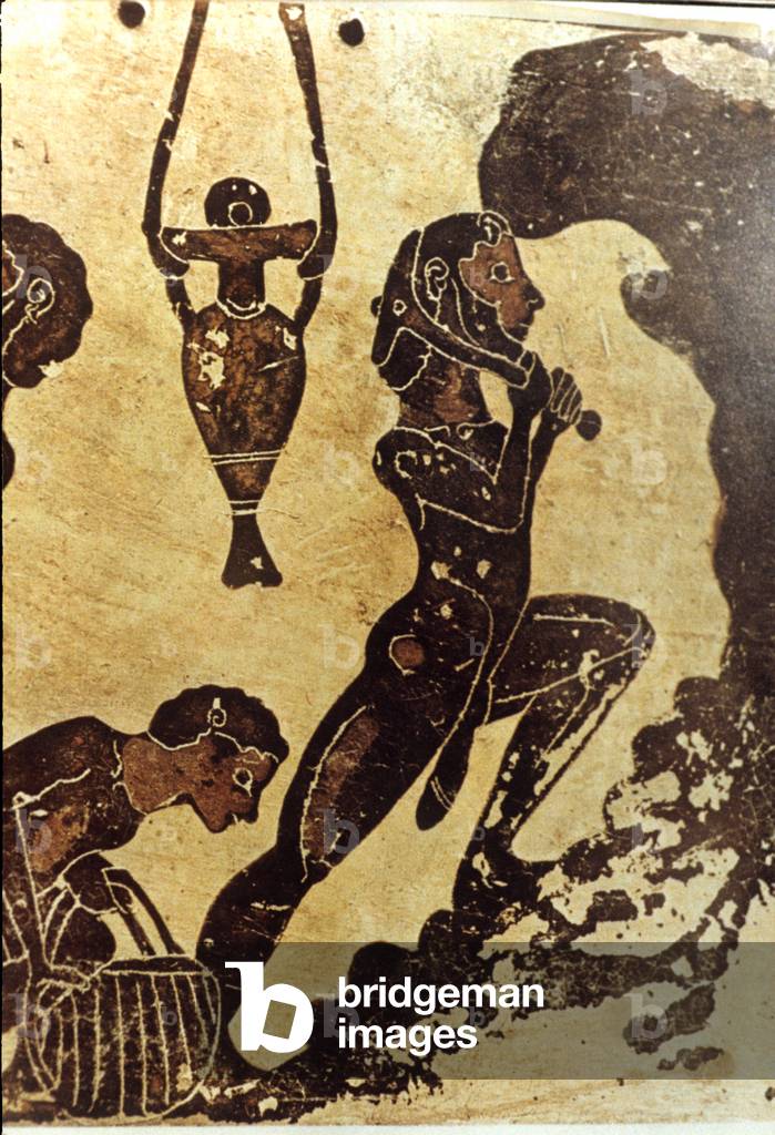 Detail of a Corinthian plaque depicting workers in a Clay Pit, from Penteskophia near Corinth, 575-550 BC (clay) (see also 424821)