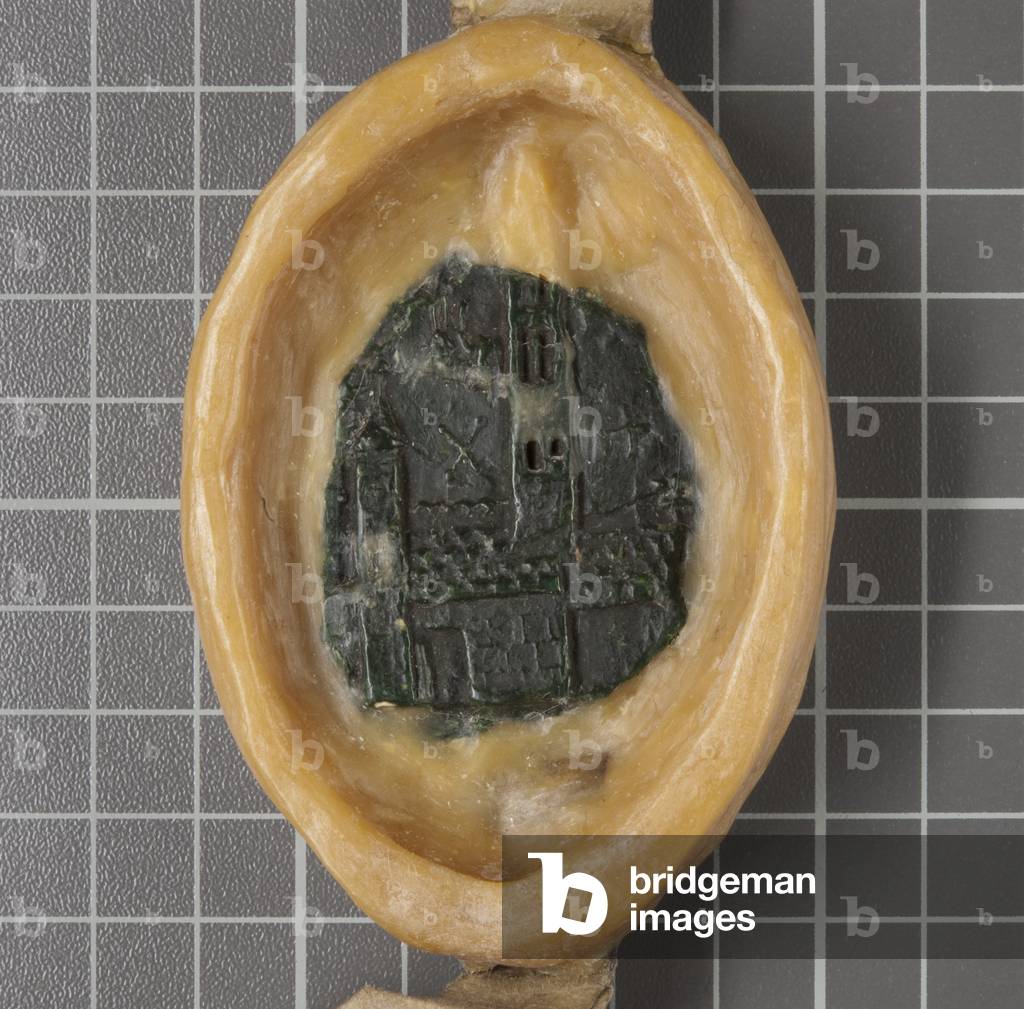 Detail of the Seal of St Andrews Priory, from the Charter of Walter, Prior of St Andrews, 1189-95 (ink on vellum with wax seal)