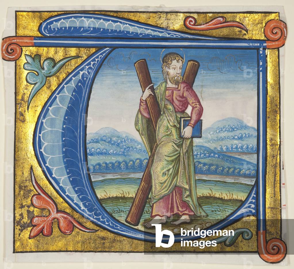 Historiated initial 'T' depicting St Andrew, excised from a missal, c.1500 (paint & gold on parchment)
