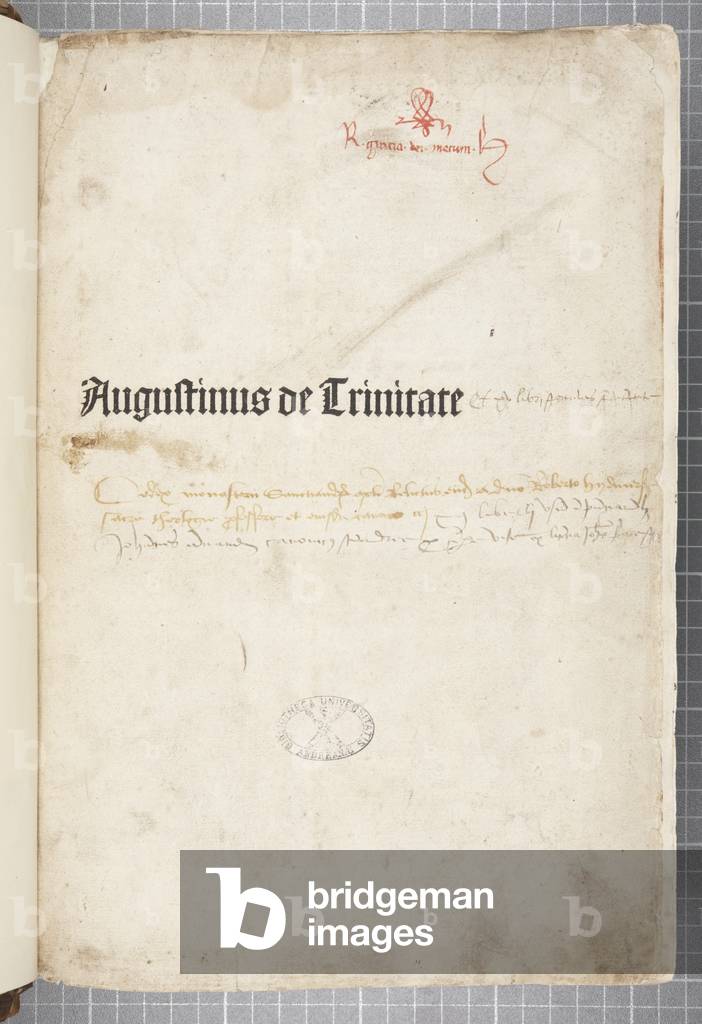 Title page of De trinitate and De Civitate Dei cum commento, written by Augustine of Hippo (pen & ink on paper)
