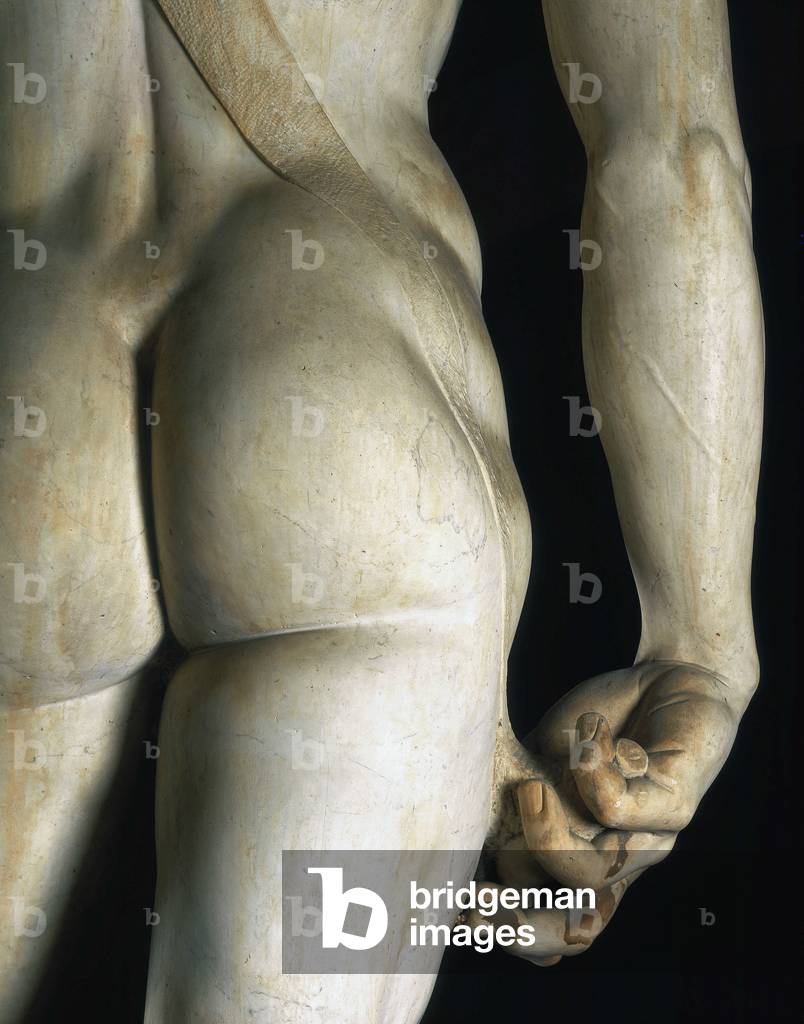 David seen from the back, detail (including that of the right hand). Renaissance sculpture by Michelangelo Buonarroti called Michel Ange (Michelangelo or Michelangelo, 1475-1564), 1501-1504. Galleria dell'Accademia, Florence.