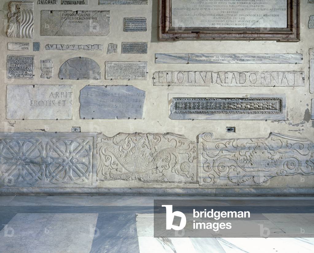 Medieval art : View of plates in the portico - Santa Maria in Trastevere, Rome, Italy