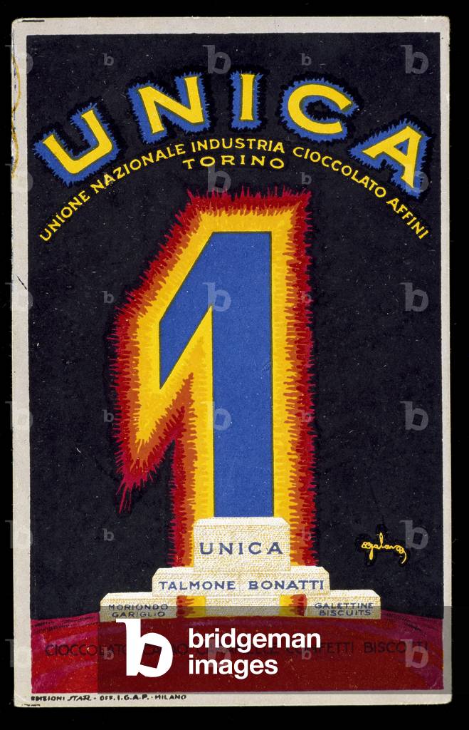 Italian advertising for chocolate and cocoa Unica with the number 1, 1930.