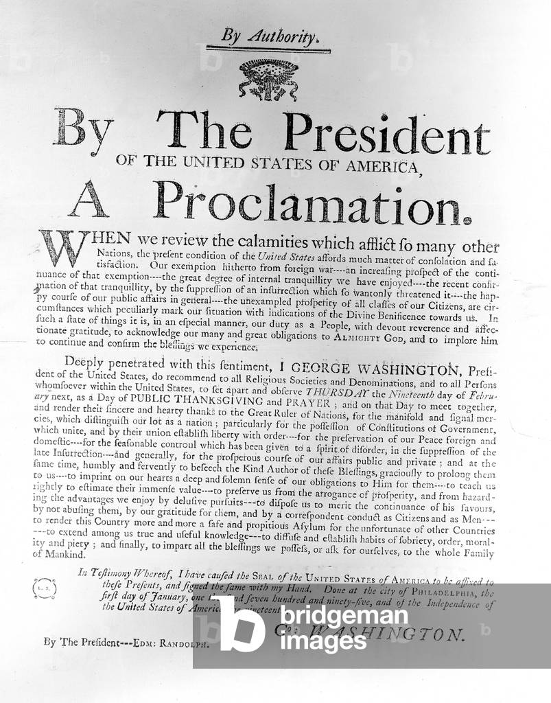 Proclamation from President George Washington (1732-99) setting apart Thursday, 19th February as a day of Public Thanksgiving and Prayer, 1795 (newsprint)