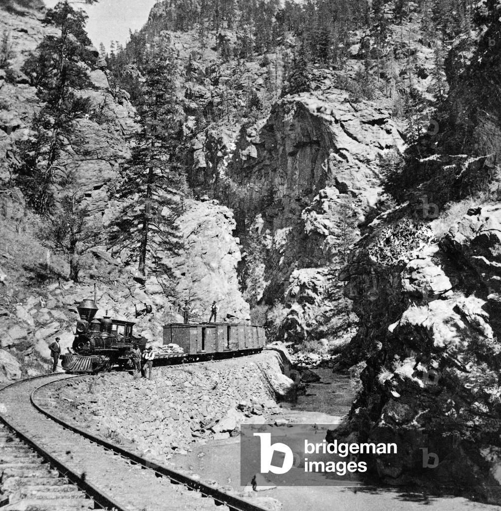 Silver ore train, Clear Creek Canyon, Colorado (b/w photo)