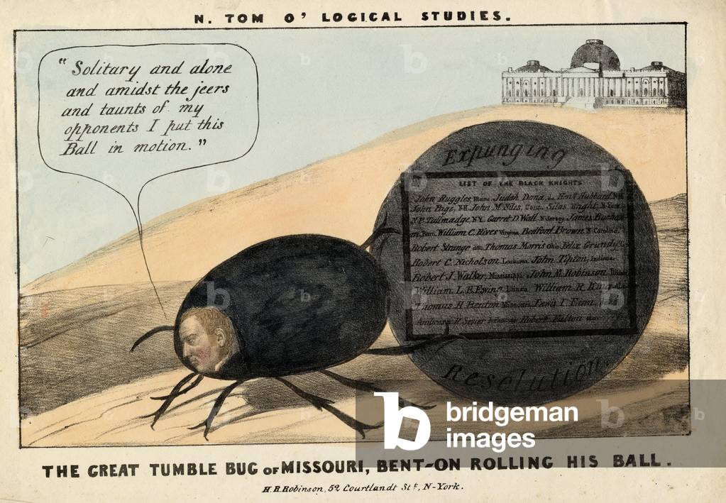 The great tumble bug of Missouri: Benton rolling his ball, 1837 (colour litho)