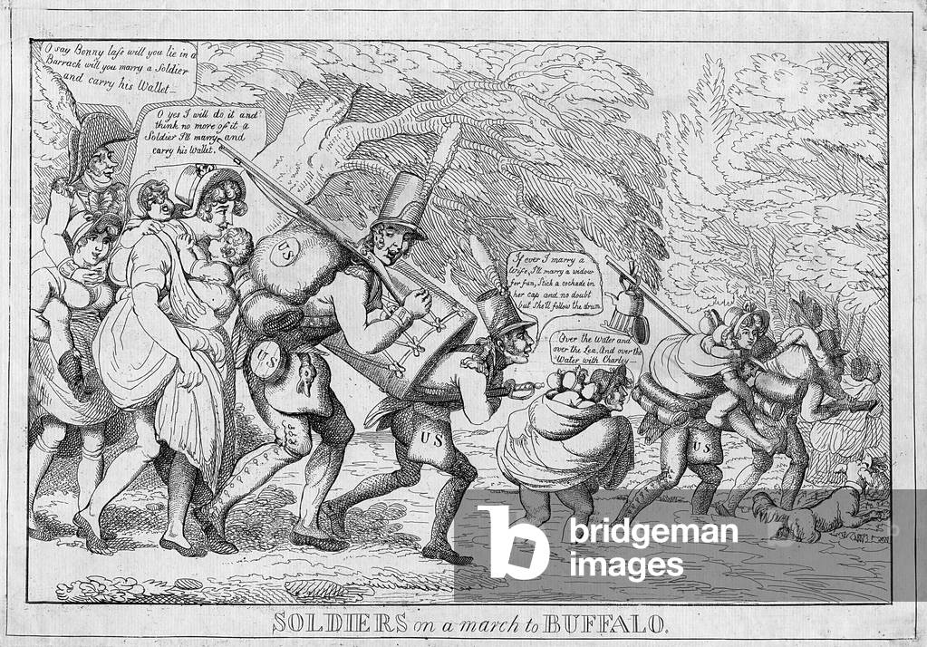 "Soldati su una marcia a Buffalo", 1813 di American School, b/w
