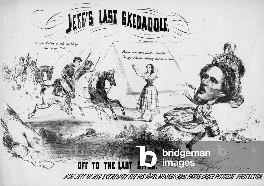 Above: Jeff's last skedaddle, Below: Off to the last ditch : how Jeff in his extremity put his navel affairs and ram parts under petticoat protection, c.1865 (litho)