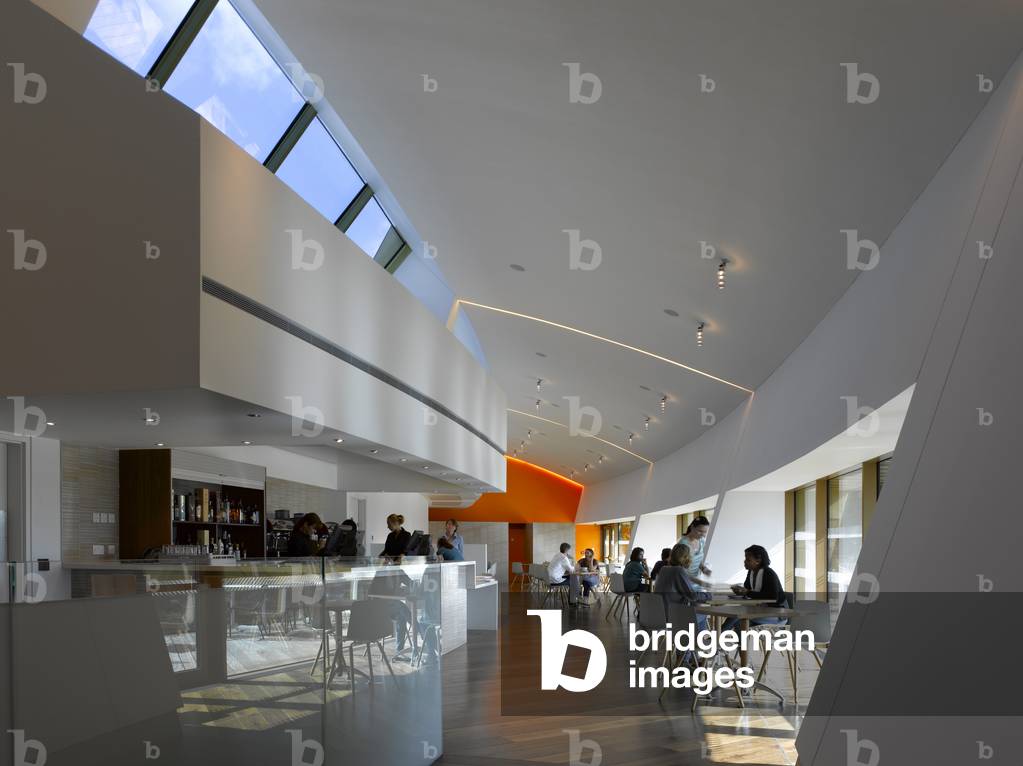 Cafe at the end of the promenade with smooth dark wooden floor, daylight and high level windows, Firstsite, Colchester, Essex, UK (photo)
