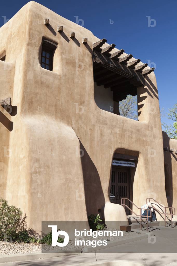 Entrance to the Pueblo Revival style New Mexico Museum of Art, Santa Fe, New Mexico, USA (photo)