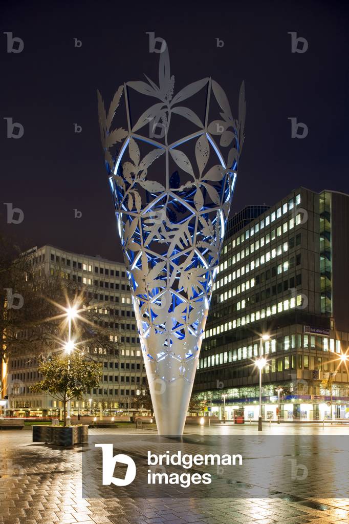 Dusk in the Cathedral Square showing Christchurch Cathedral and The Chalice, a large piece of modern sculpture in the form of an inverted cone, Christchurch, Otautahi, New Zealand (photo)